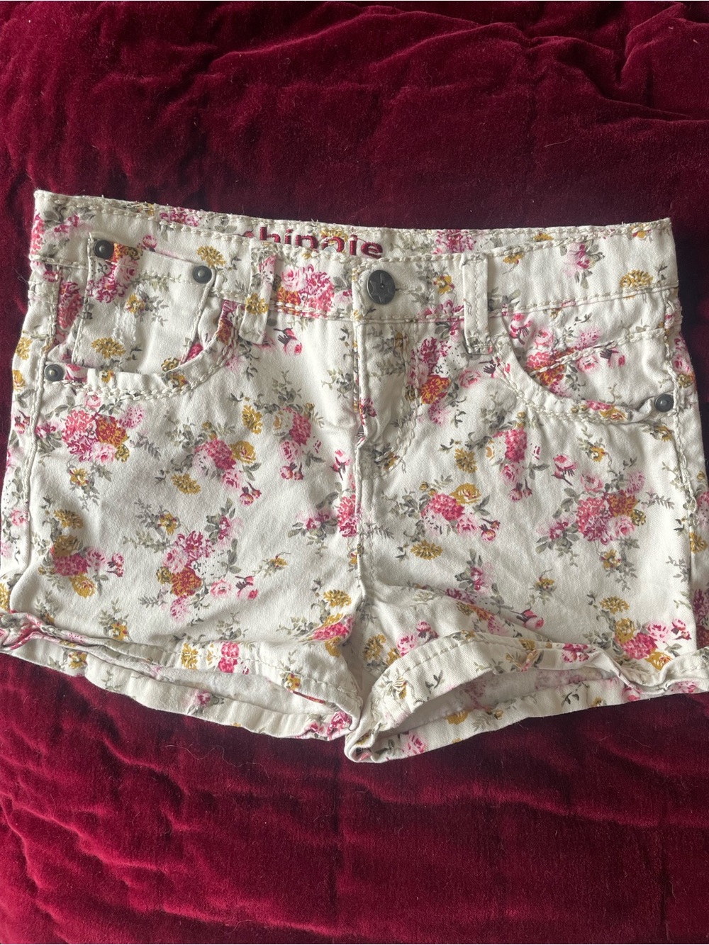 hippie laundry White Floral Kids Denim Shorts with Pink & Gold Flowers